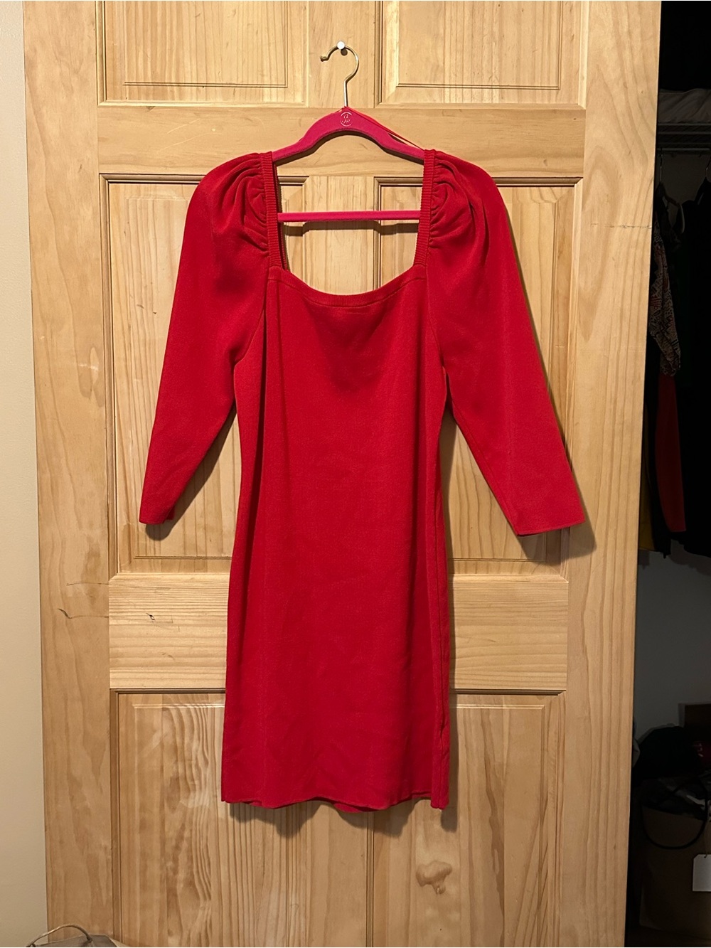 Women's Red Square-Neck Long Sleeve Dress with Puff Shoulders